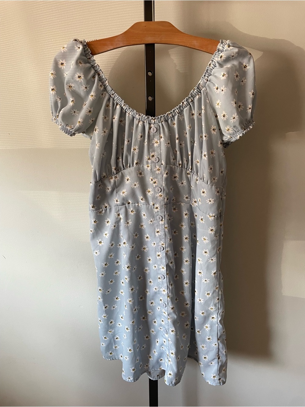 Ditsy Floral Daisy Print Smocked Button Front Puff Sleeve Mini Dress Cottagecore